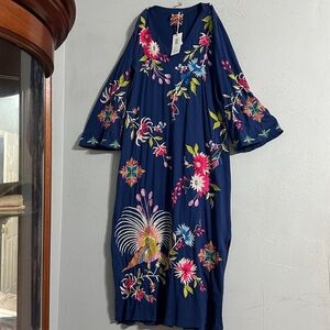 Johnny Was brand new Floral Embroidered Navy Dress pit to pit:27”